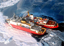 U.S. Coast Guard icebreaker Healy and the Canadian Coast Guard icebreaker Louis S. St-Laurent side by side. photo credit: NOAA