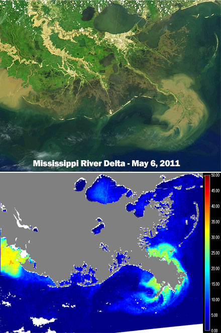 NASA MODIS-Aqua-measured true color image & MODIS-Aqua-derived total suspended matter (TSM) concentration, May 6, 2011