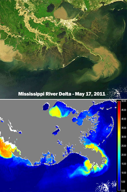 NASA MODIS-Aqua-measured true color image & MODIS-Aqua-derived total suspended matter (TSM) concentration, May 17, 2011