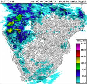 NESDIS Hydro-Estimator image showing heavy rain over Namibia 2-2-2011. Used by the Namibia Hydrological Service to trigger flood warnings