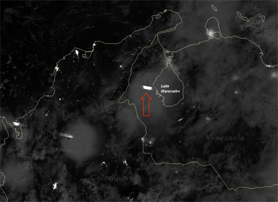 VIIRS Day/Night Band image of thunderstorms near Lake Maracaibo, Venezuela taken 06:44 UTC 10 May 2012