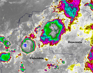 VIIRS I-05 image of thunderstorms near Lake Maracaibo, Venezuela taken 06:44 UTC on 10 May 2012