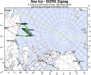 Map depicting the IceBridge 2016 flight plan for the April 22 underflight of Sentinel-3A; green lines = IceBridge; pink lines = Sentinel-3A. Credit: J. Sonntag/NASA