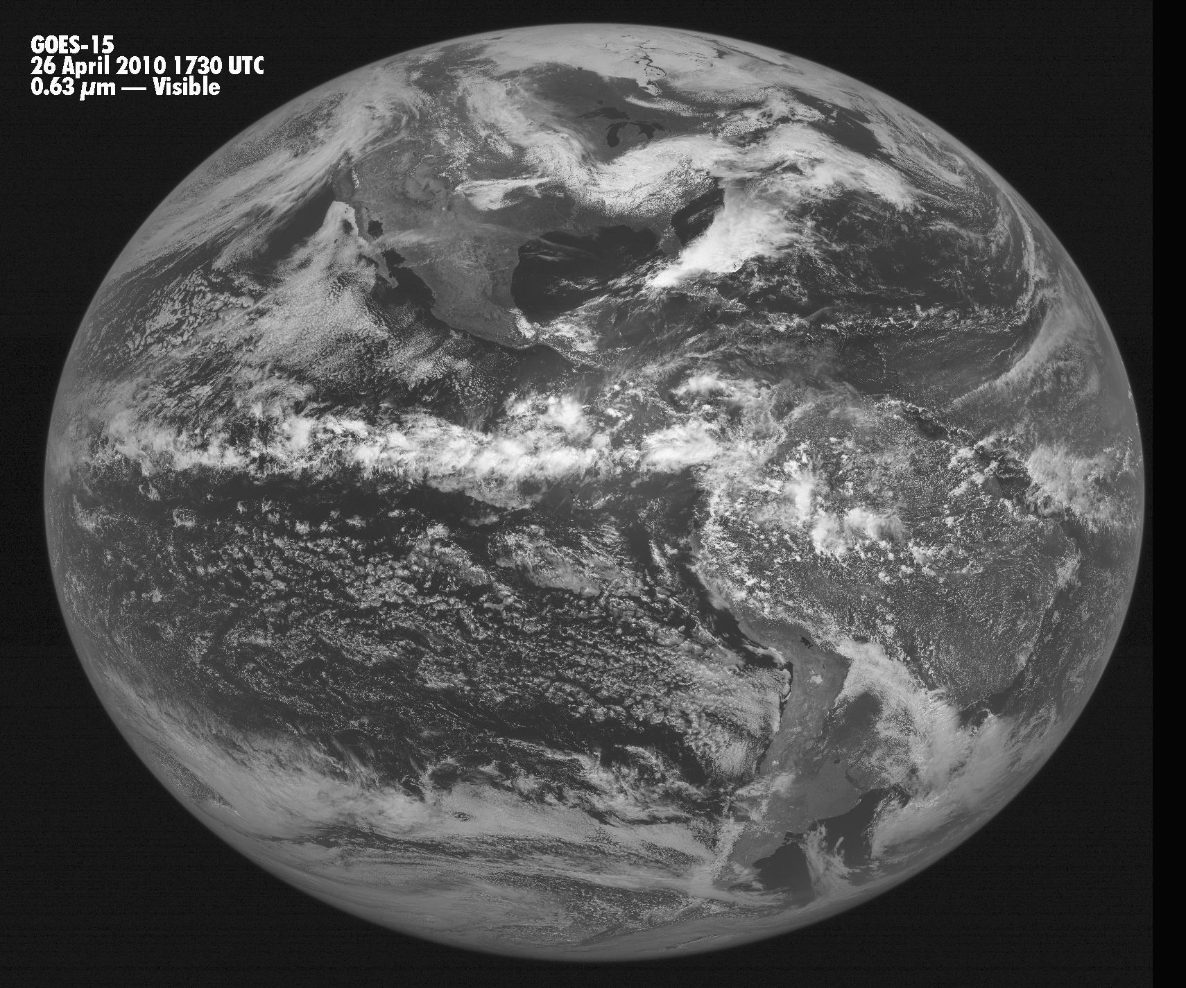 First GOES-15 Full Disk IR Image, 26 April 2010, 1730 UTC; 0.63 µm - visible