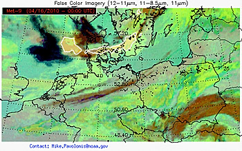 CIMSS image - False Color illustration of volcanic ash over Northern Europe - April 16, 2010