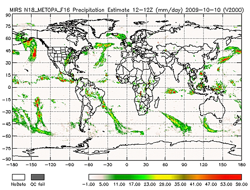 map: MIRS N18_METOPA_F16 Precipitation Estimate 12-12Z (mm/day) 10-10-2009
