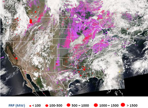 Suomi NPP VIIRS smoke aerosol index (light pink to magenta color) shows the smoke plume transport from fires in the western US for 8/30/2015.<br>Fire hot spots are shown as red dots with dot size indicating the magnitude of the FRP.