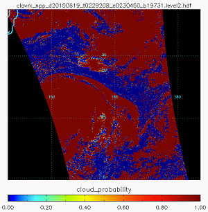 A sample of the Entireprise Cloud Mask output, which uses a 0-1 Cloud Probability scale, instead of the standard 4-level mask Warmer colors represent a higher probability of cloud cover in a given pixel..